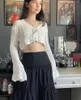 Women's T Shirts Women Y2K Hollow Out Top Long Sleeve Korean Crochet Knit Crop Tops Sexy See Through Fishnet Front Tie-Up Cardigan