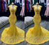 Yellow Evening 2023 Dresses Sleeveless Mermaid Illusion Bodice Sequins Jewel Neck Floor Length Plus Size Pleats Prom Gown Formal Custom Vestidos