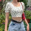 Kvinnors stickor Tees Women's T-shirt Summer Camis Floral Printed Puff Sleeve U-Neck-knappar Slim Exposed Navel skikt Crop Top Ladies Streetwear Y2K W0306