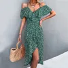 Casual Dresses WAYOFLOVE Ladies Spring Summer Sexy Straps Dress Women Green Off Shoulder Ruffles Casual Beach Dresses Female Floral Print Dress 230309