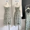 Vestidos casuais vestido floral vintage feminino espaguete chiffon coreano na cintura alta sem mangas / pescoço midi outono para 2023