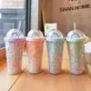 Water Bottles Water Cup With Straw Leakproof Creative Rainbow Bubble Bottle Sequined Glitter Juice Coffee Mug Outdoor Portable Plastic Cup 230309