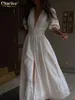 Sıradan Elbiseler Clacive Beyaz Seksi Seksi Tek Yemeli Kadınlar Elbise Zarif Kısa Kol Vneck Parti Elbiseleri Lady Rahat Slim Midi Elbise 230309