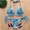 Damen-Bademode, Damen-Bikini-Set mit Blumendruck, Rüschenbesatz, zweiteiliges Neckholder-Triangel-Bikini-Set mit seitlicher Bindung, String-Tanga, Damen-Badeanzug