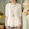 Women's Blouses Shirts Summer Blouse Women Half Sleeves White Blouse Shirt O-neck Button Raglan Sleeve Hollow Out Casual Lady Tops ruffle blouse Cotton 230309