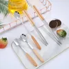 Conjuntos de utensílios de jantar 2 PCs Aço inoxidável Tableware de mesa de madeira Faca colher de fruta Fruta Peló