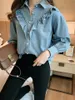 Women's Blouses Shirts Women Sweet Denim Ruched Loose Slim Tiered Ruffles Jean Shirt Long Sleeves Tops Basic Female Shirt Blouse 230309