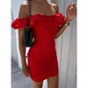 Lässige Kleider sexy Frauen rotes Kleid Feiertagsstil Falten Summer Design Prom Streetwear Ein-Linie-Kragen Slim einzigartige elegante Vestidos