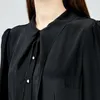 Vestidos casuais de seda Office Ladies Manga longa Vestido de mulher negra de peito de outono Foldas Camisa Mulheres AE1225