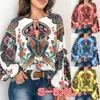 Женские блузки Boho Slye Vintage Print Женский фонарь с длинным рукавом топ 2023 Весенняя одежда Женская повседневная o шея