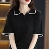 Dames t shirts zomer half mouwen vrouwen polo kraag trui slanke wol blend kleur contrast pullover t-shirt gebreide basis casual