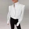 Women's Blouses Shirts Ladies Elegant Turtleneck Long Sleeve White Blouse Shirt Women Top Casual Solid Single-Breasted Puff Sleeve Women Blouses Blusas 230309