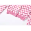 Женские трикотажные футболки Tee's Tees Розовый и белый чек -кардиганский свитер Женский нечеткий мохер
