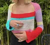 Women's Knits Tees Women's Crop Top Crochet Knit Tube Tops Long Sleeve Block Hollow Out Regular Fit Women's T-shirt Women's Sweater Streetwear Y2k W0306
