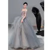 Luxury Grey Blue Evening Dress V-Neck Off The Shoulder A-Line 3D Flower Appliques Zipper Tulle Backless Gorgeous Prom Party Gown