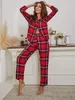 Vêtements de nuit pour femmes Pyjamas pour femmes à carreaux rouges 2 pièces Vêtements de nuit Hauts Pantalons Automne Hiver Pijamas HomeWear Vêtements Bouton avant avec poche poitrine 230309