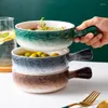 Bowls 560ml Ceramic Stone Grain Soup Noodle Salad Bowl With Handle Single Simple Home Baking Breakfast Kitchen Tableware