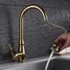 Rubinetti da cucina Ottone cromato lucido Rubinetto per lavabo dorato estraibile Miscelatore monocomando per lavello Rubinetto freddo a 360 gradi montato su piattaforma