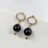 Black pearl drop charm earrings. Luxurious earrings with rhinestone logo. Fashion ladies brand designer earrings. Glamorous wedding party aretes designer jewelry