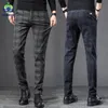 Men's Pants Spring Autumn England Plaid Work Stretch Pants Men Cotton Business Fashion Slim Grey Blue Casual Pant Male Brand Trouser 38 230309