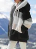 Cappotto con cappuccio in peluche Giacca in pile spesso Cappotto da donna moda invernale Nuovo Casual Cerniera con cappuccio Abiti da donna Cashmere Donna Cuciture a quadri Cappotti da donna