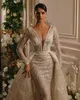 2023 Luxury Mermaid Wedding Dresses Sequins Applicies Spets Deep V Neck långa ärmar Brudklänningar skräddarsydda snörning bakåt avtagbar tåg vestidos de novia