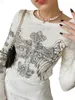 Women's Knits Tees Women's Round Neck Fairy Rhinestone Tops Gothic Vintage Y2K Cross Angel Wings Printed Long Sleeve Knit T-Shirts Crop Top W0306