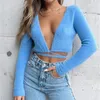 Women's T Shirts Wsevypo Fuzzy Knitted Cardigans Crop Tops Fall Spring Sexy Deep V Neck Long Sleeve Cross Tie Up T-Shirts Base