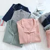 Kvinnors sömnkläder 100% bomullsgasparpar pyjamas ljus crepe långärmad byxor pajamas set randig lapel lounge slitage 2 bit fjäder sömnkläder 230309