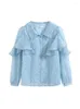 Women's Blouses POLO Neck Ruffle Dot Blue Long Sleeve Shirt Women's Spring Autumn Vintage French Office Girl Simple Design Thin Blouse