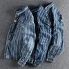 Camicie casual da uomo Camicia in denim usato lavato a righe tessute personalizzate autunno stile da lavoro da uomo camicia giovanile di tendenza retrò americana 230309