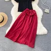 Work Dresses Runway Fashion Skirt Two Piece Set Women Summer Hollow Out Lace Shirt Top Bow Big Swing Maxi Elegant Party Festival Outfit