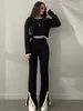 Women's Two Piece Pants Knit Two Piece Set Women Casual Panelled Side Split Trouser Suits Female Spring Crop Sweater High Waist Ladies Suits 230309