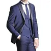 Men's Suits Navy Blue Slim Fit Mens For Wedding Groom Peaked Lapel Tuxedo Business Blazer 3 Piece Jacket Pants Vest Set Costume Homme