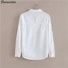 Women's Blouses Shirts Foxmertor 100% Cotton Shirt White Blouse Spring Autumn Blouses Shirts Women Long Sleeve Casual Tops Solid Pocket Blusas #66 230309