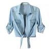 Blouzen voor dames elegante denim blouse damesjas casual 3/4 mouw knop down crop Jean top knoop tie shirt jas blusas mujer