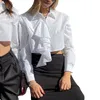 Frauen Blusen Plissee Revers Crop Shirt Frauen Elegante Solide Langarm Bluse Frühling Casual Weibliche einreiher Kurze Tops