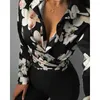 Kvinnors blusar Vintage Flower Print Lapel långärmad kvinnor toppar avslappnad vit överdimensionerad knapp upp skjorta topp blusa de mujer