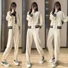 Women's Two Piece Pants Flykcoozooi Sports Sets Stand Collar Striped Cardigans Tops Leggings Trousers Casual Vintage 2023 Spring Set