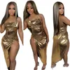 Casual jurken sexy metallic gedrapeerde hoge split maxi jurk kleding voor dames nachtclub feestje verjaardag onregelmatige ruches bodycon lang