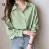 Sungtin femme vert chemisier chemises Social surdimensionné bureau dame en mousseline de soie Blouses chemise femmes Vintage col OL travail affaires 230309