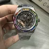 Popular Mens Skeleton Watch Rainbow Bezel Silver Stainless Steel Strap 2813 Automatic Machine Sport watches