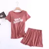 Women's Sleepwear 2PCS Pink Print Letter Women Pajamas Sets Short Sleeve T-Shirt&Shorts Pyjamas Sports Nightwear Summer Modal Home Wear