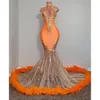 Black Girls Orange Mermaid Prom Dresses 2023 Satin Beading Sequined High Neck Feathers Luxury kjol Evening Party Formal Gowns for Women