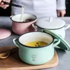 Bowls Candy-colored Cute Ceramic Double-ear Instant Noodle Bowl With Lid Soup Salad Small Pot Ramen