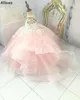 Blush Pink Flower Girl's Dresses For Wedding Sheer Neck Lace Tiers Fluffy Princess Infant First Communion Dress Little Girls' Pageant Birthday Party Ball Gowns CL1966