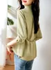 Women's Blouses Qoerlin Turn Down Collar Office Ladies Simple Elegant Fashion Chic Light Green Stijlvolle knop Up shirts lange mouwen tops