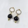 Black pearl drop charm earrings. Luxurious earrings with rhinestone logo. Fashion ladies brand designer earrings. Glamorous wedding party aretes designer jewelry