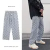 Men's Jeans 2023 Super Fire Plaid Loose Straight Legs Youth Student Personality Long Pants Fashion All-match Casual