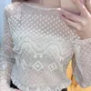 Women's T Shirts Transparent Mesh Women Bead Work Tops Sexy Lady Full Sleeve Pearl Pullovers Woman Sequined